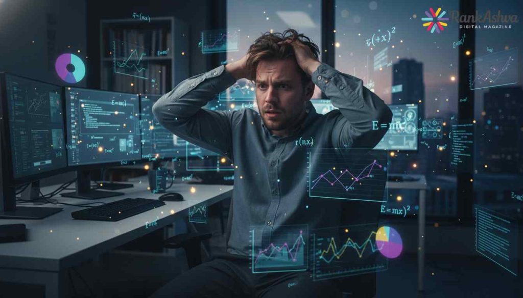 man experiencing analysis paralysis while surrounded by numbers and graphs-rankashva