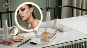 A beauty vanity showing foundation in water, cushion makeup, and smudged eyeliner for 2026 beauty trends.
