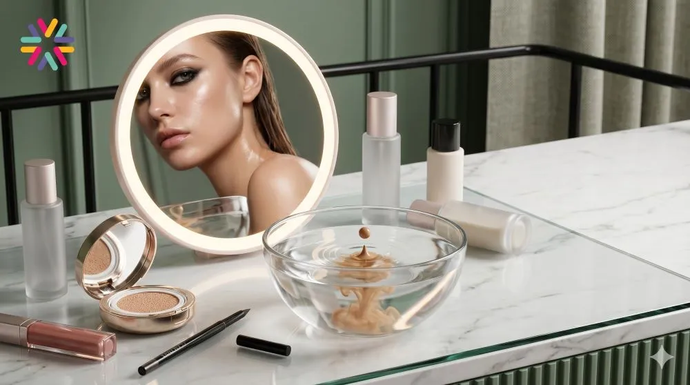 A beauty vanity showing foundation in water, cushion makeup, and smudged eyeliner for 2026 beauty trends.