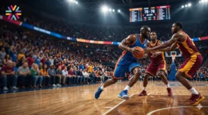 Dramatic playoff basketball scene representing the 2026 NBA Playoffs matchup between the Knicks and Cavaliers.