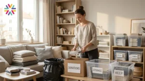 Person using a no-mess decluttering method with donation box, trash bag, and clear storage bins in a calm organized room