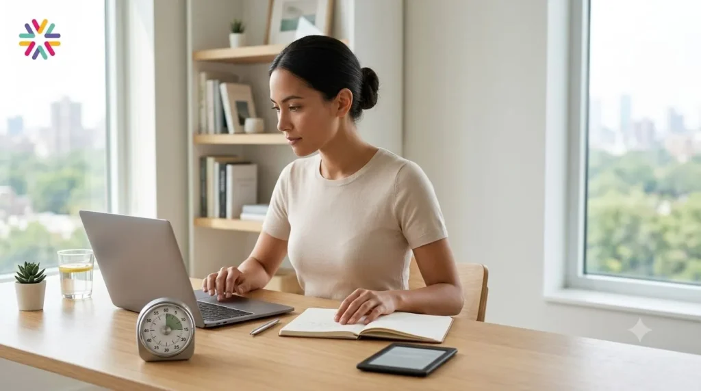 Focused professional using a 90-minute deep work sprint in a calm modern workspace