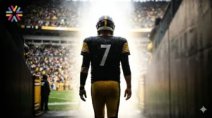 A veteran Pittsburgh quarterback walking toward stadium lights, symbolizing Aaron Rodgers retirement in 2026.