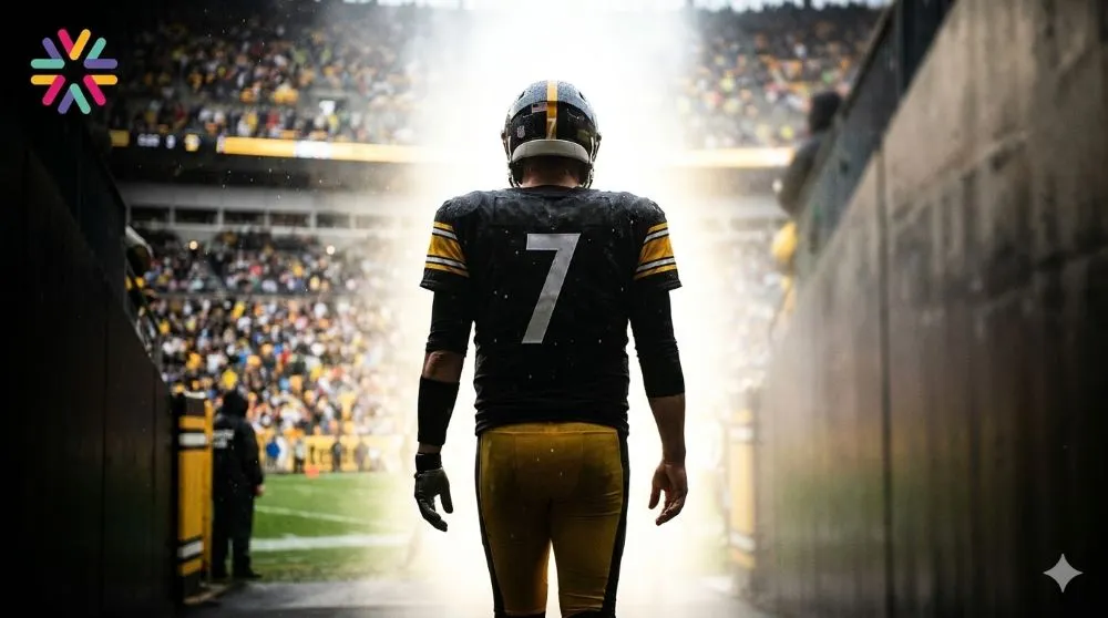 A veteran Pittsburgh quarterback walking toward stadium lights, symbolizing Aaron Rodgers retirement in 2026.
