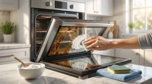 Oven door glass being cleaned with baking soda paste to remove baked-on grease and brown stains naturally.