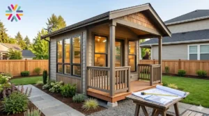 Modern backyard shed converted into a legal tiny home in an American suburban yard