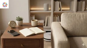 Calm modern living room with a face-down phone, paper planner, and smart home devices for a digital detox lifestyle.