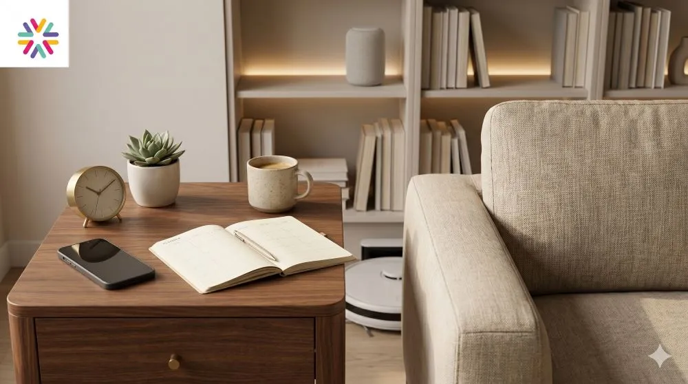 Calm modern living room with a face-down phone, paper planner, and smart home devices for a digital detox lifestyle.
