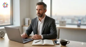 Executive using a dumb phone in a minimalist morning workspace to reduce screen time and improve focus in 2026.
