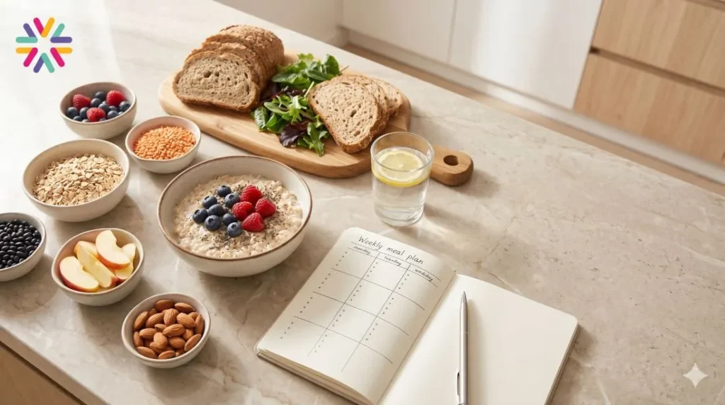 High-fiber foods on a kitchen counter representing the fibermaxxing trend and gut health in 2026.
