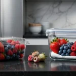 Fresh strawberries, blueberries, raspberries, and blackberries stored in a container with paper towels to keep berries fresh longer