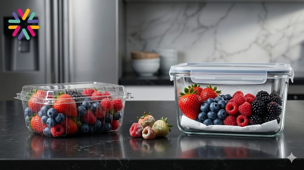 Fresh strawberries, blueberries, raspberries, and blackberries stored in a container with paper towels to keep berries fresh longer