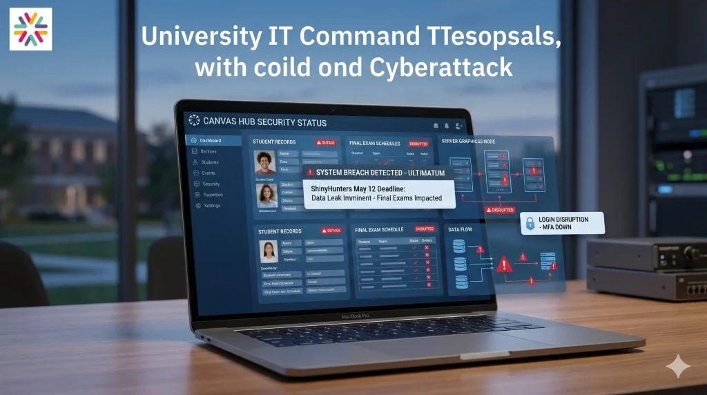 Laptop showing a university learning platform security alert during the Canvas cyberattack 2026, with student data and final exam disruption visuals.