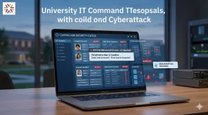 Laptop showing a university learning platform security alert during the Canvas cyberattack 2026, with student data and final exam disruption visuals.