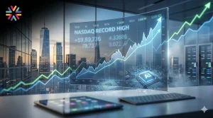 Premium financial news featured image showing a rising stock market chart, AI chip visuals, and a modern city skyline representing the Nasdaq tech rally in 2026.