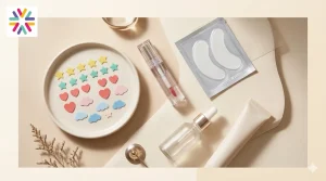 Rhode Beauty Justin Bieber collab inspired skincare flat lay with colorful pimple patches, lip treatment, and under-eye patches