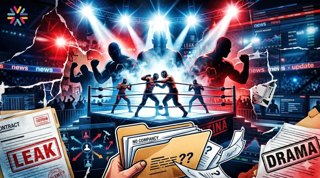 High-energy wrestling poster-style featured image showing a dramatic wrestling ring, backstage tension, and roster-movement visuals for TWNP news wrestling leaks.