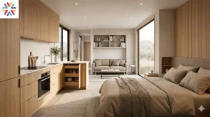 Modern no-loft tiny house interior with a ground-floor bedroom and smart storage
