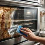 Close-up of an oven door being cleaned with baking soda paste to remove baked-on brown grease stains from the glass.