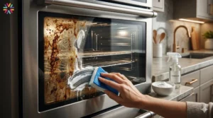 Close-up of an oven door being cleaned with baking soda paste to remove baked-on brown grease stains from the glass.