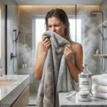 Woman smelling a musty bath towel in a modern bathroom with vinegar, baking soda, and fresh folded towels nearby