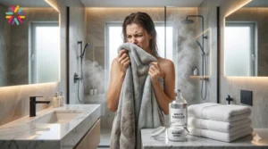 Woman smelling a musty bath towel in a modern bathroom with vinegar, baking soda, and fresh folded towels nearby
