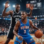 Fictional OKC-inspired guard faces a Spurs-inspired center in a cinematic NBA playoffs 2026 Game 5 scene.