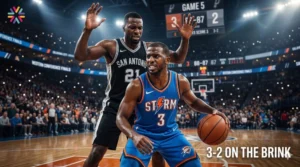 Fictional OKC-inspired guard faces a Spurs-inspired center in a cinematic NBA playoffs 2026 Game 5 scene.
