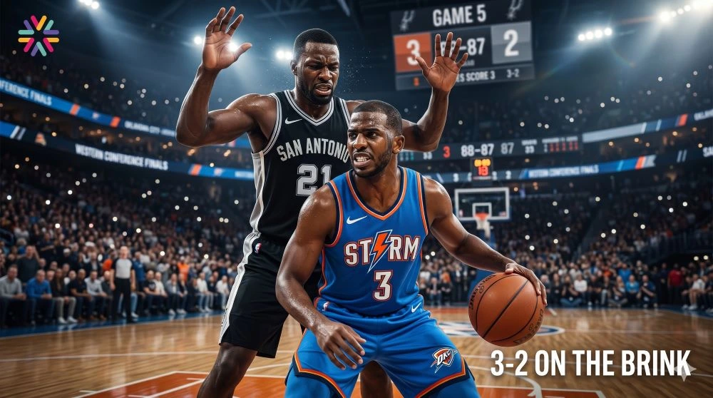 Fictional OKC-inspired guard faces a Spurs-inspired center in a cinematic NBA playoffs 2026 Game 5 scene.
