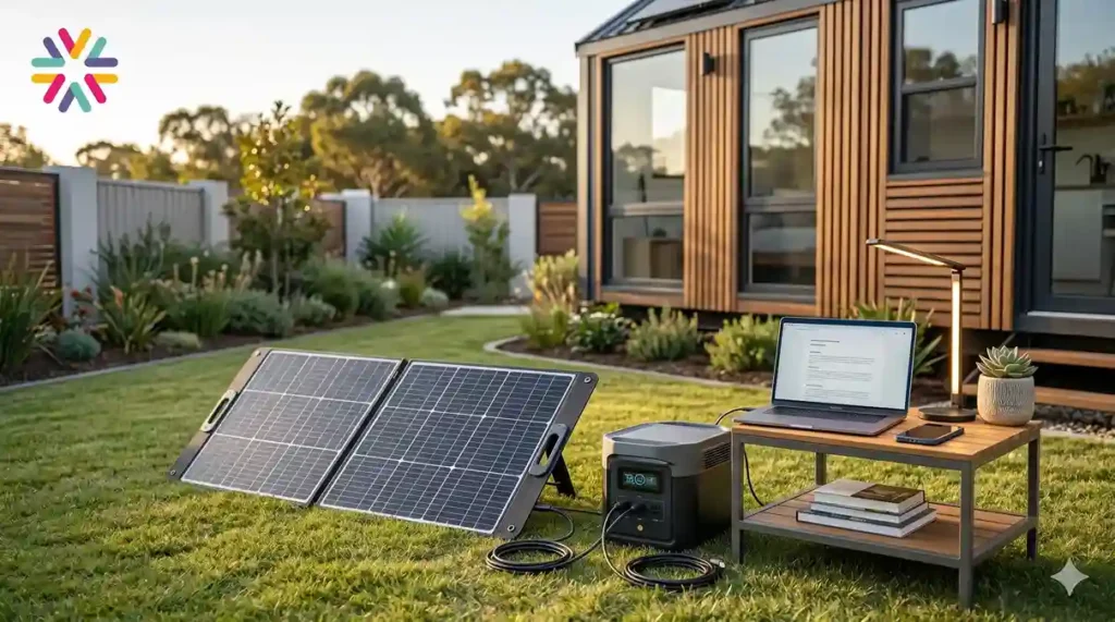 Portable solar generator with foldable solar panels powering essentials beside a tiny home