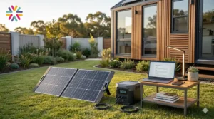 Portable solar generator with foldable solar panels powering essentials beside a tiny home