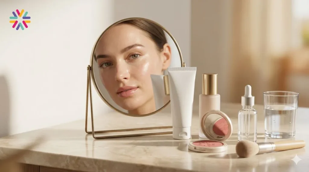 Sunlit beauty vanity with skincare-makeup hybrids and a natural glazed skin look for summer 2026 skinimalism.