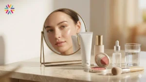 Sunlit beauty vanity with skincare-makeup hybrids and a natural glazed skin look for summer 2026 skinimalism.