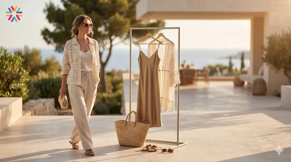 A summer fashion scene with a crochet shirt, boudoir-inspired layers, and swim coverup styling for Spring 2026 fashion trends.