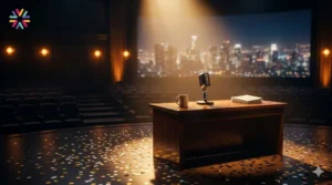 Cinematic late-night TV studio with an empty host desk and warm lights representing Stephen Colbert’s Late Show finale.