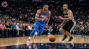 Thunder vs Spurs Game 3 showing Shai Gilgeous-Alexander controlling the 2026 NBA Western Conference Finals matchup.
