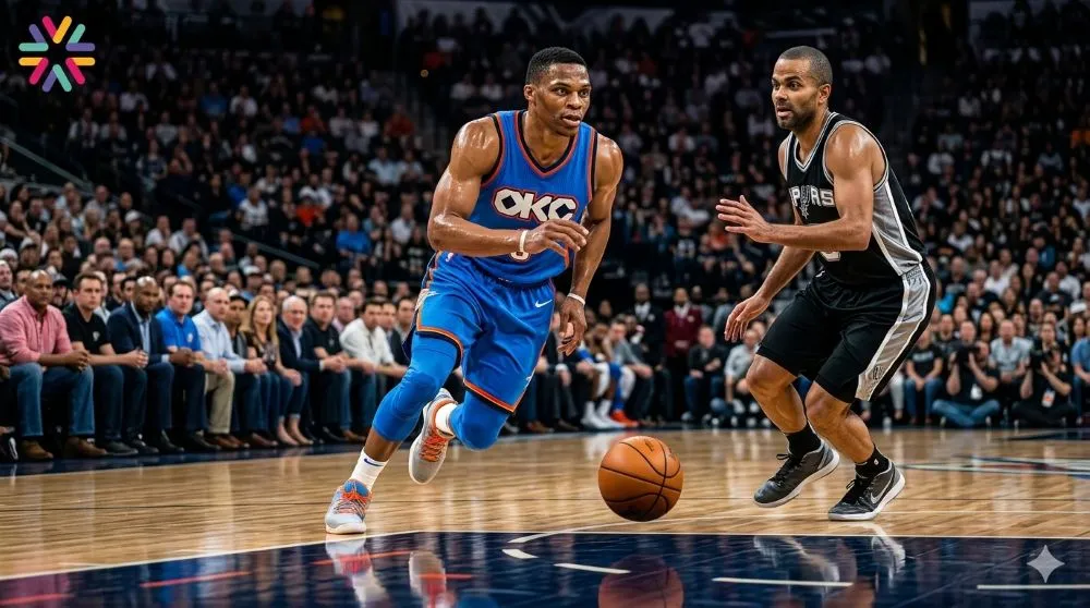 Thunder vs Spurs Game 3 showing Shai Gilgeous-Alexander controlling the 2026 NBA Western Conference Finals matchup.