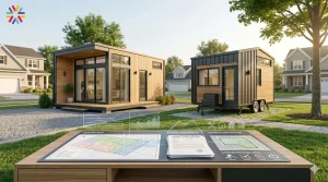 Modern tiny home with zoning maps, permit documents, and land-use planning visuals for a 2026 tiny home zoning laws guide.