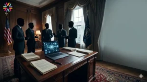 Unsigned AI executive order on a White House-style desk with tech leaders’ silhouettes representing Silicon Valley lobbying.