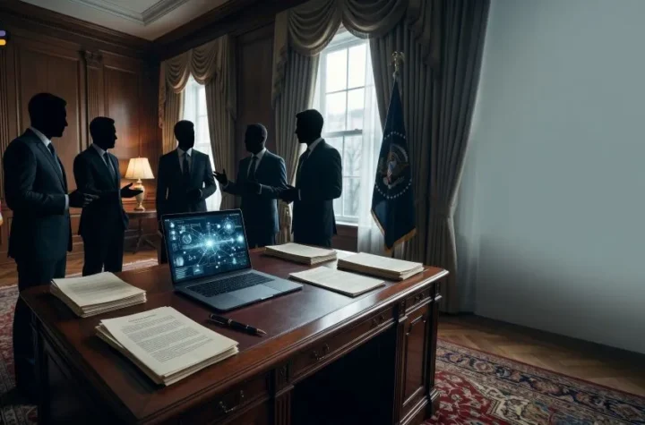 Unsigned AI executive order on a White House-style desk with tech leaders’ silhouettes representing Silicon Valley lobbying.