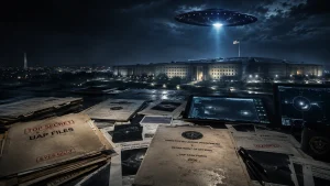 UFO Disclosure 2026 showing declassified Pentagon UFO files, military documents, and a mysterious unidentified aerial phenomenon above the Pentagon