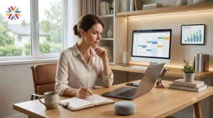 Professional using AI tools and smart home automation to organize a productive morning workflow