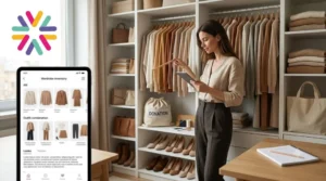 Person using a digital closet inventory app to plan outfits from an organized wardrobe
