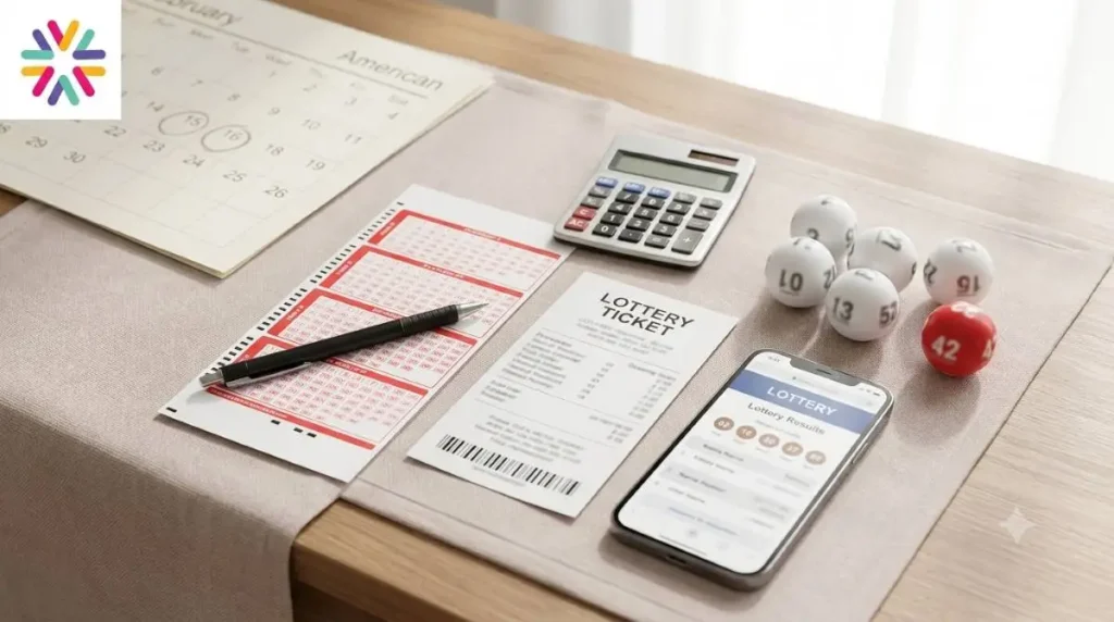 Lottery ticket, playslip, and numbered balls explaining how to play the 113 million Powerball jackpot