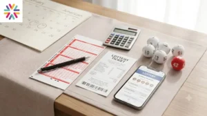 Lottery ticket, playslip, and numbered balls explaining how to play the 113 million Powerball jackpot