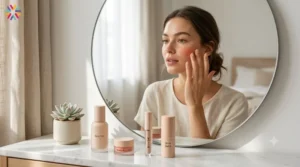 Woman creating a minimalist makeup routine with four multipurpose products for a natural dewy glow