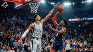 Dramatic basketball playoff scene representing Spurs vs Thunder Game 1 in the 2026 NBA Western Conference Finals