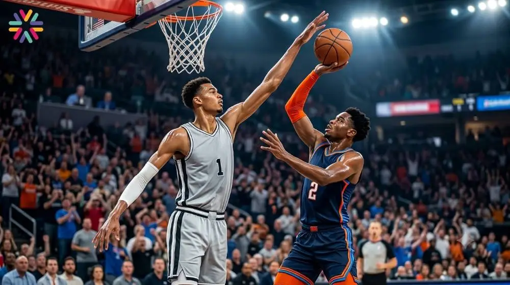 Dramatic basketball playoff scene representing Spurs vs Thunder Game 1 in the 2026 NBA Western Conference Finals