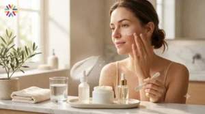 Woman applying barrier repair moisturizer in a calm skincare routine for healthy skin barrier support