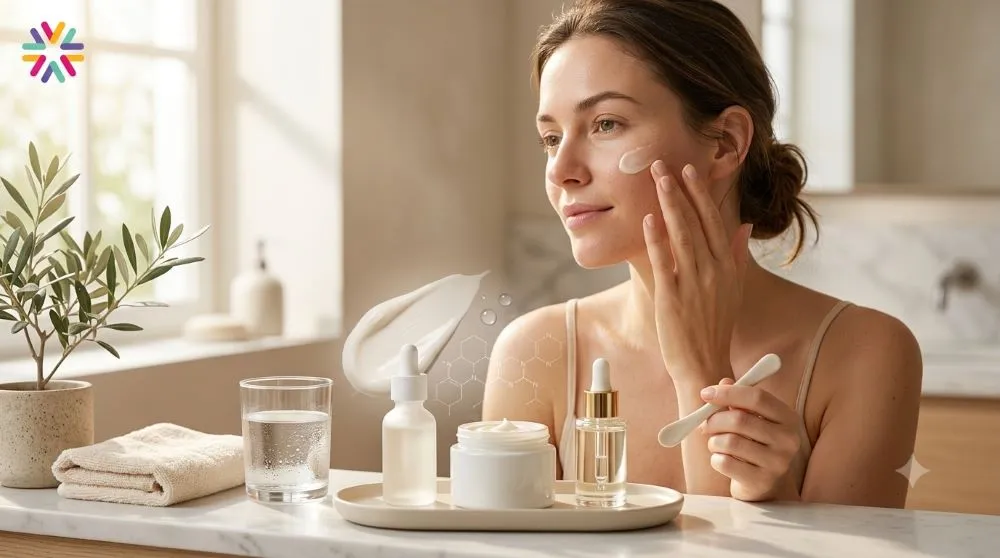 Woman applying barrier repair moisturizer in a calm skincare routine for healthy skin barrier support